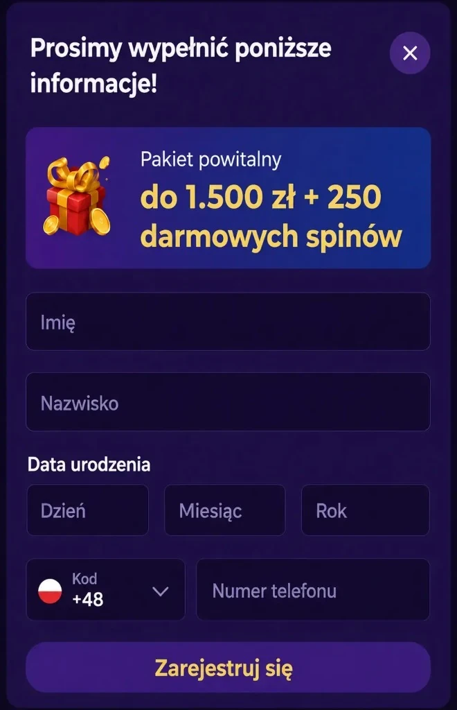 Formularz rejestracji Gambloria Casino z pakietem powitalnym